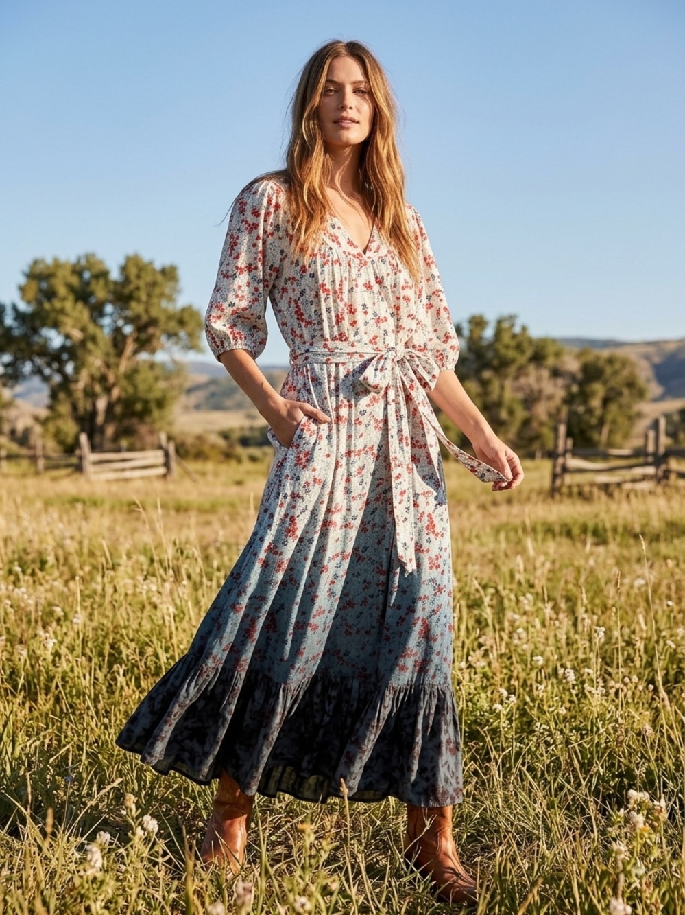 Sundance Floral Prairie Dress Tie-Waist Colorful Size Medium